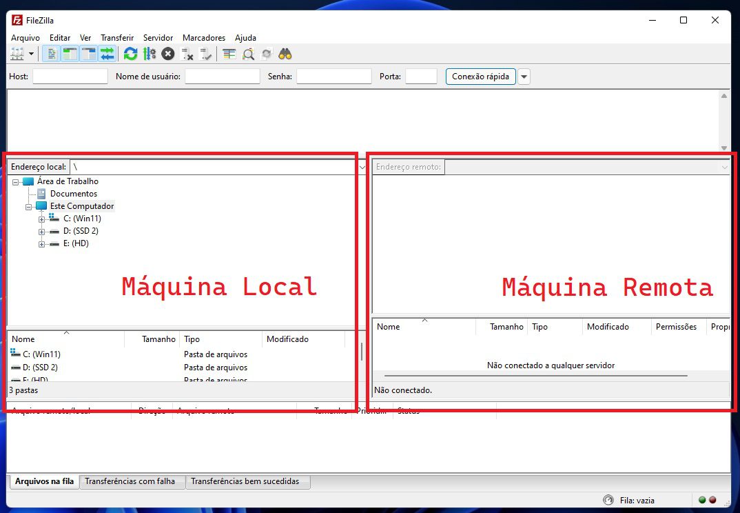 Sessões do FileZilla Client: Máquina local e Máquina Remota