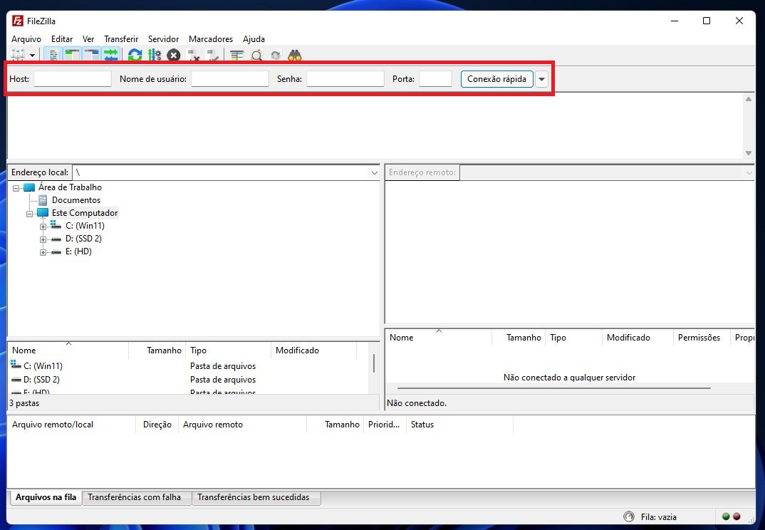 Sessão de Conexão no Filezilla Client FTP