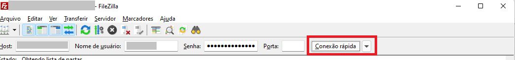 Fornecendo as informações de conexão no Filezilla e conectando ao servidor FTP para iniciar as etapas de backup