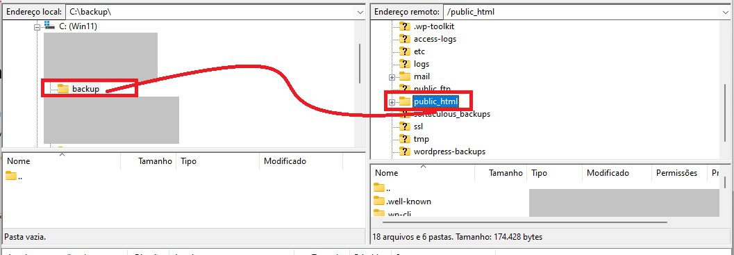 Imagem retratando como arrastar o diretório public html da máquina remota para a máquina local no Filezilla para realizar o backup com FTP