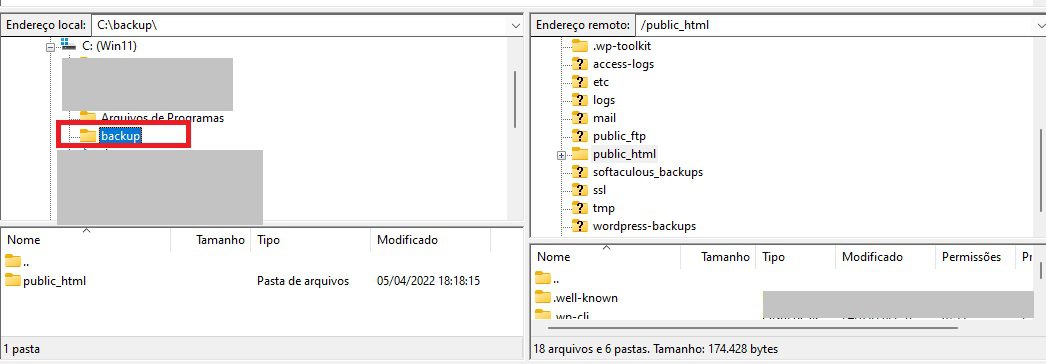 Imagem retratando como arrastar o diretório public html da máquina local para a máquina remota no Filezilla para realizar a restauração do backup com FTP