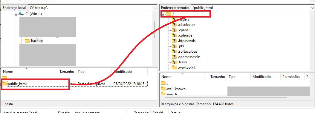 Imagem retratando como arrastar o diretório public html da máquina local para a máquina remota no Filezilla para realizar a restauração do backup com FTP