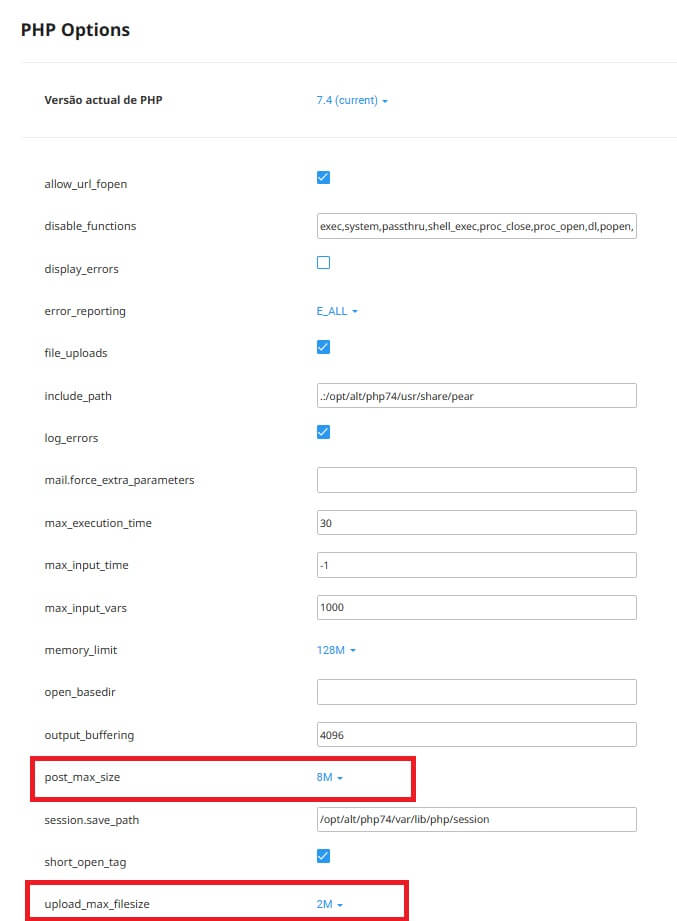 Painel de configurações de diretivas do PHP, resolva o erro do upload_max_filesize alterando as diretivas.