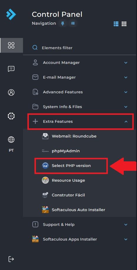 Selecione a opção "Select PHP version" no menu lateral do DirectAdmin