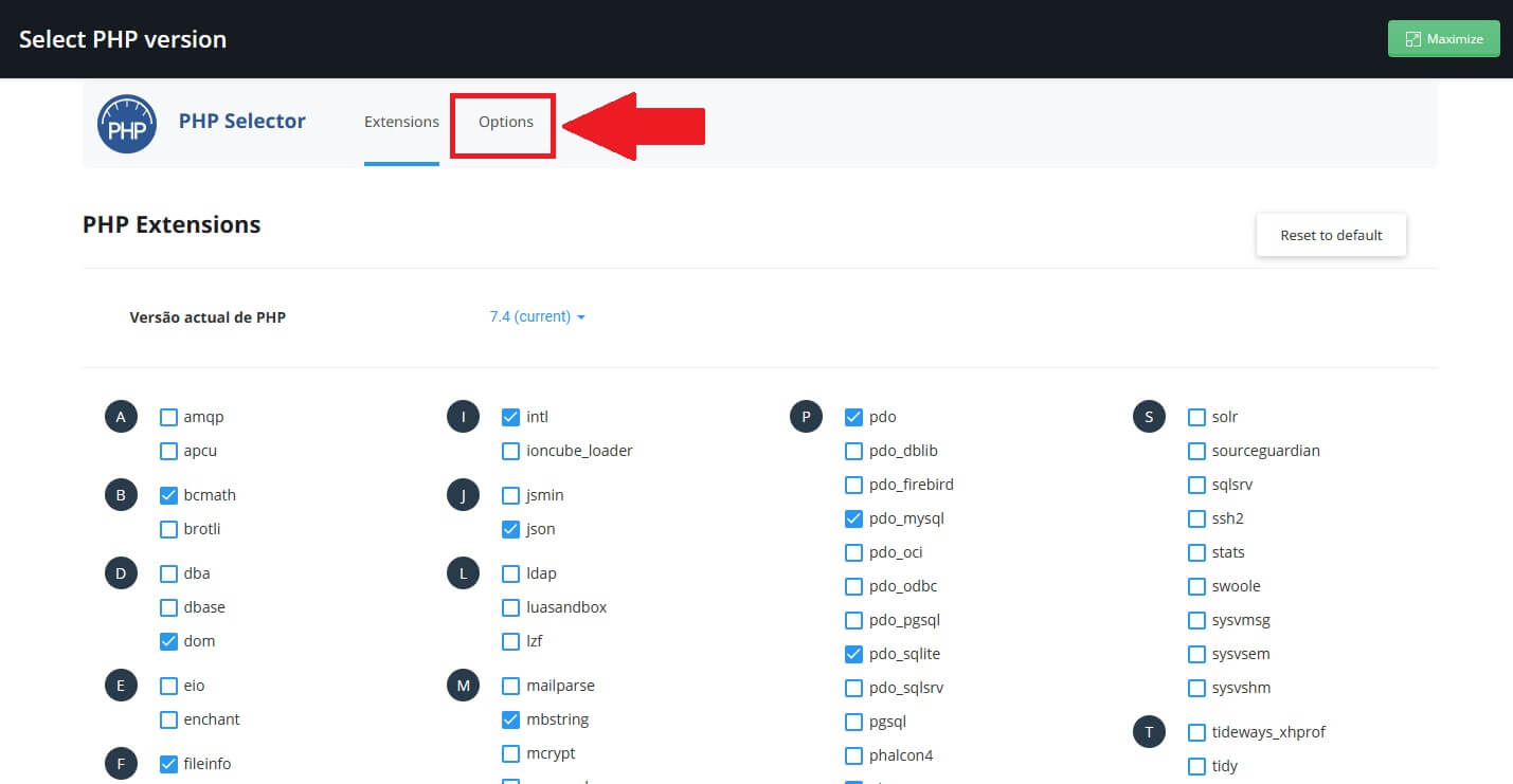 Selecione a opção "Options" no painel de configuração do PHP