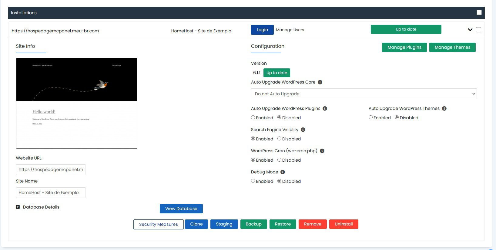 Tela de configurações do site do WordPress Manager