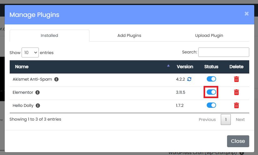 Selecionando o Plugin que está gerando o Erro Crítico do WordPress no Manage Plugins