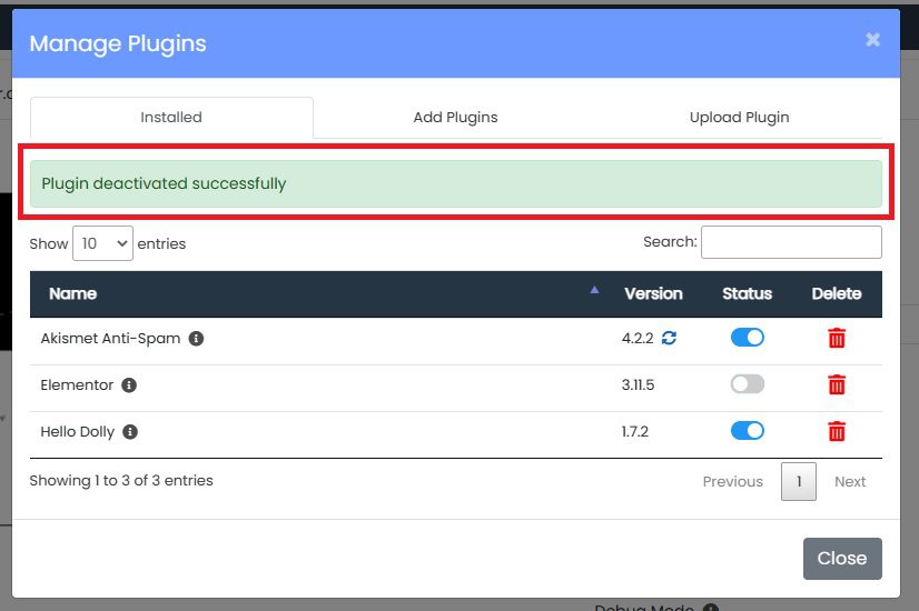 Mensagem de plugin desativado com sucesso no WordPress Manager