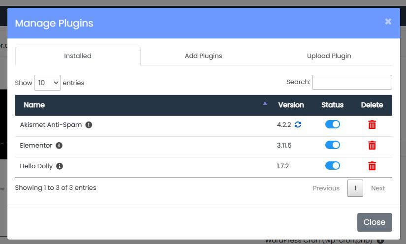Tela do manage Plugins do WordPress Manager