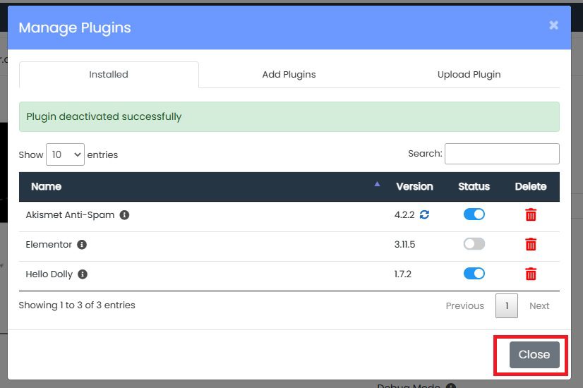 Fechar a tela do plugin manage