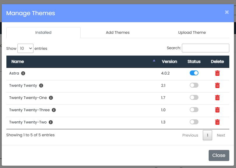 Tela do Manage Themes