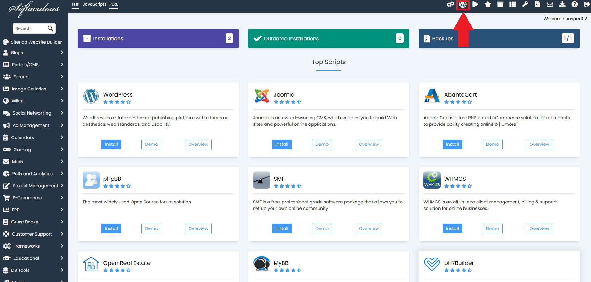 Acessando o WordPress Manager do Softaculous
