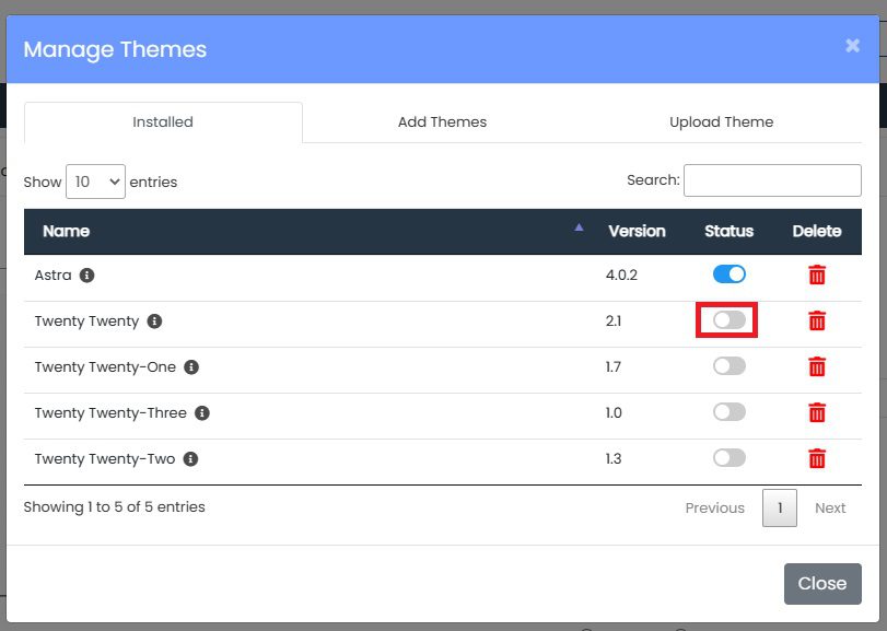 Selecionando outro Tema para ativar no lugar do tema que está gerando Erro Crítico no WordPress