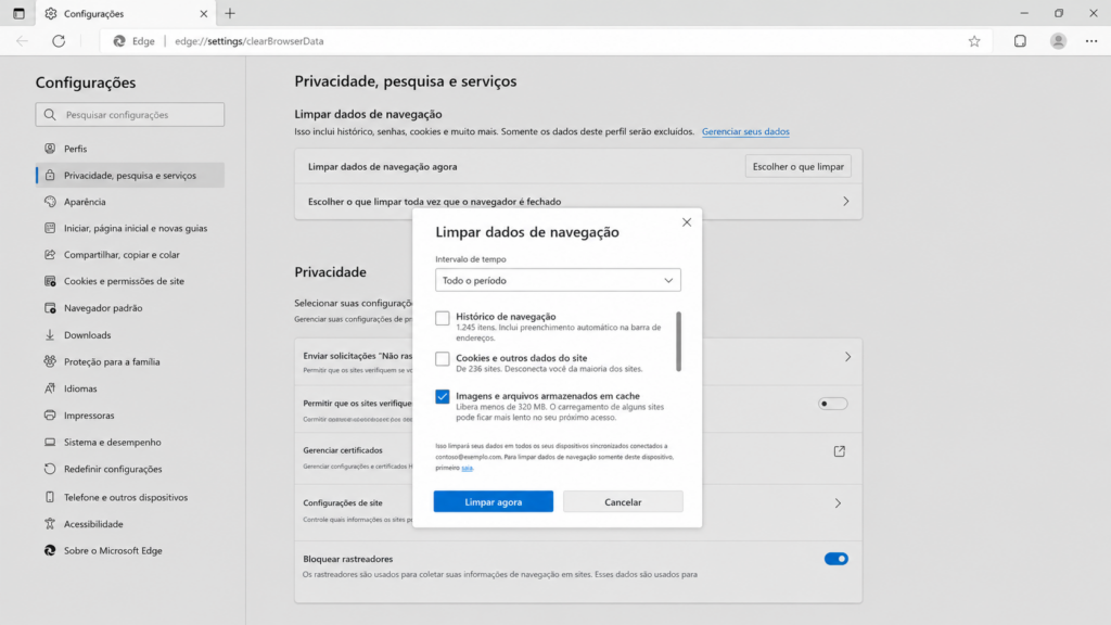Como limpar o cache do navegador Microsoft Edge nas configurações de privacidade