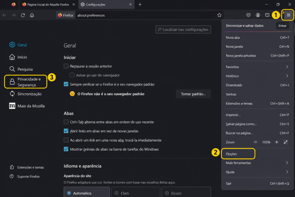 Acessar o menu privacidade e segurança no firefox, pra apagar cache