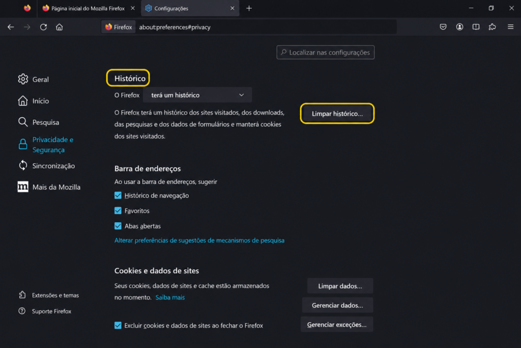 Limpar historico no Firefox