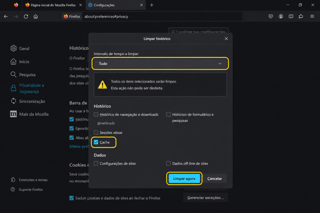 Limpar o cache no navegador Firefox