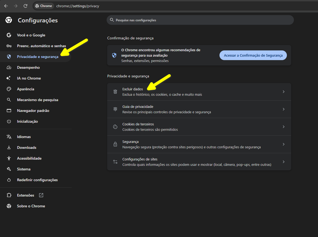 Tela das configurações no Chrome, mostrando Privacidade e segurança e a opção Excluir dados.