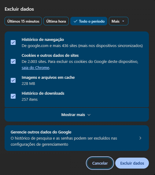 Tela de excluir dados do Chrome, em que você pode selecionar quais dados quer eliminar, e o período.