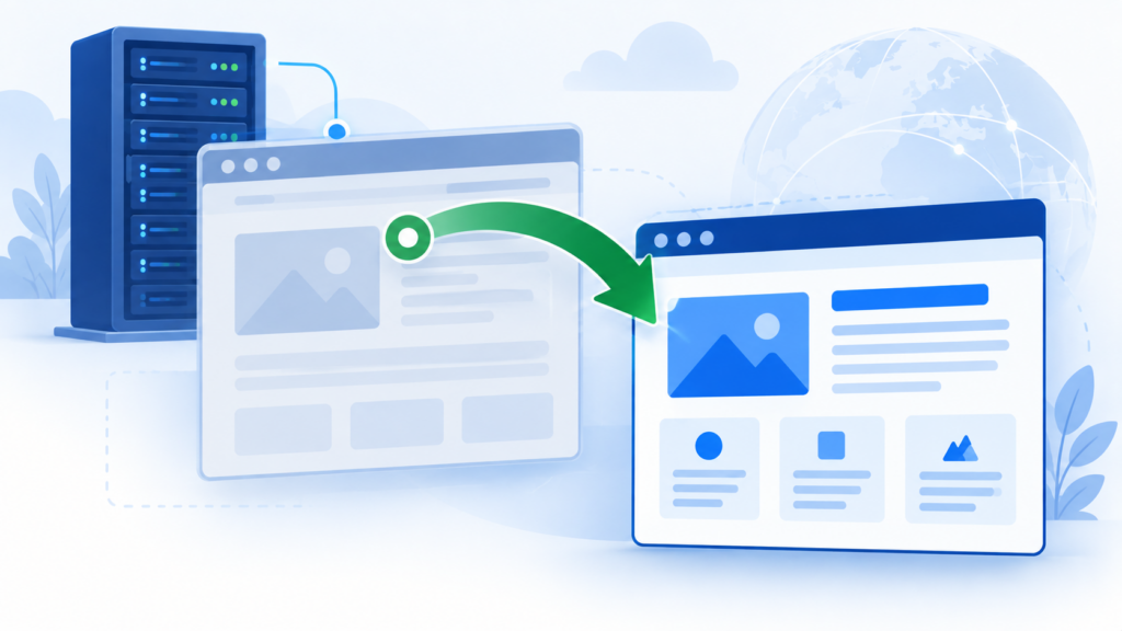 Ilustração de redirecionamento web: uma seta parte de uma janela de navegador esmaecida em direção a outra nítida, com um servidor ao fundo indicando a origem do redirecionamento