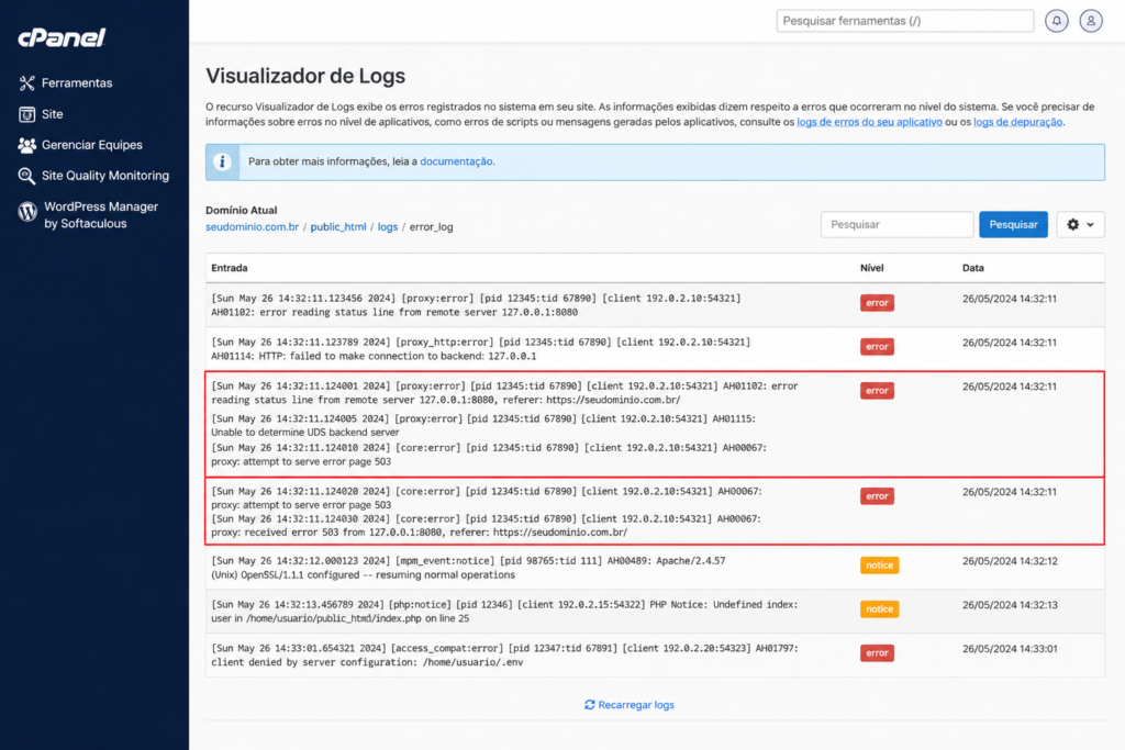 logs de erro indicando o erro 503