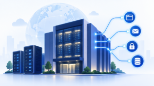 Ilustração de um data center conectado a serviços de site, e-mail, segurança e banco de dados, representando o que um provedor de hospedagem oferece
