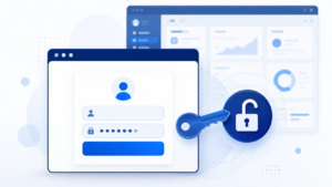Ilustração de uma tela de login em um navegador, com campos de usuário e senha, uma chave e um cadeado, e ao fundo o contorno de um painel de administração