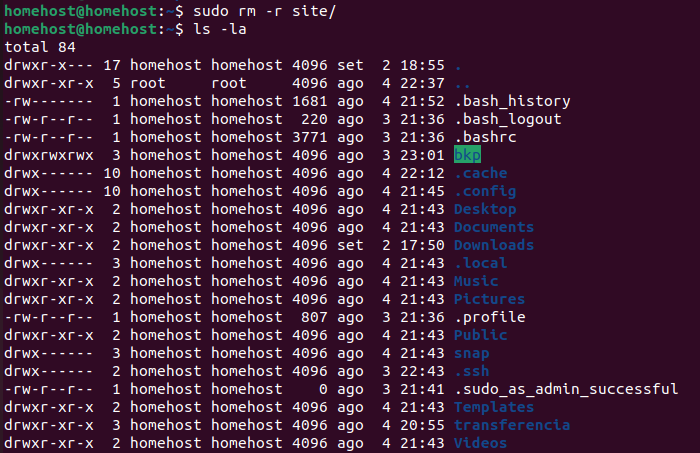 comandos Linux: Comando rm -r para remover arquivos de diretório de forma recursiva.