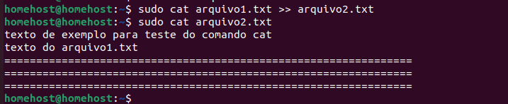 Comando cat para concatenar dois arquivos.