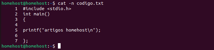 Comando cat para exibir o conteúdo de um arquivo com as linhas de forma numerada.
