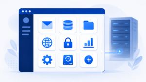 Ilustração de um painel de controle de hospedagem numa janela de navegador, com ícones de e-mail, banco de dados, arquivos, domínios, segurança e backup, ligado a um servidor
