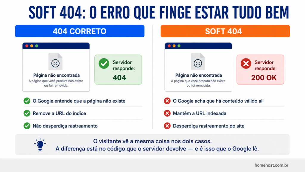 Comparação entre um 404 correto, em que o servidor responde com o código 404, e um soft 404, em que a página mostra mensagem de erro mas o servidor responde 200 OK