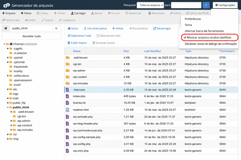 Arquivo .htaccess na raiz do WordPress no gerenciador de arquivos