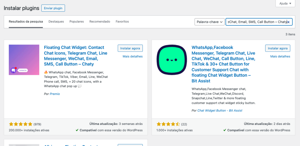 pesquisar pelo plugin de whatsapp no wordpress