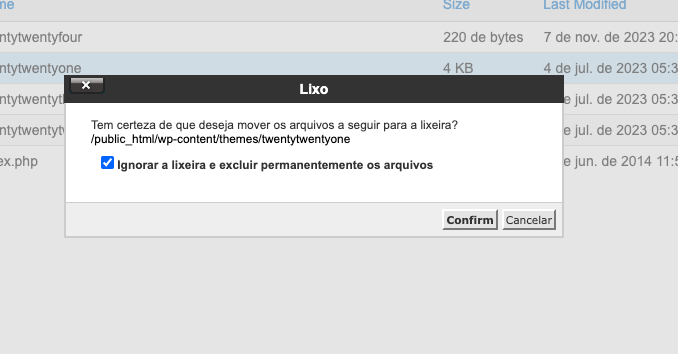 Confirmação para exclusão da pasta do tema do wordpress