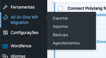 all in one wordpress migration, menu do wordpress.