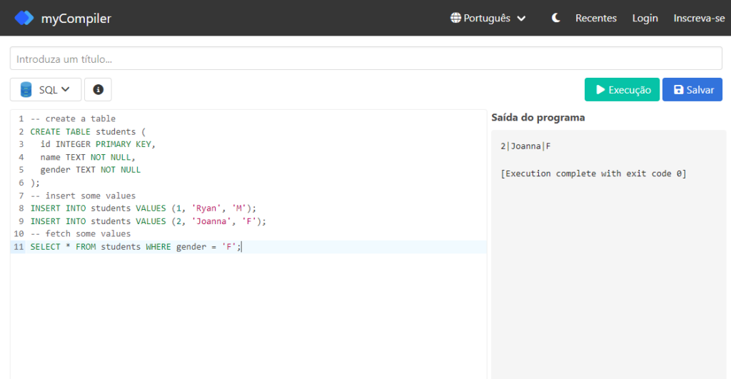 mycompiler para acompanhar o curso de sql