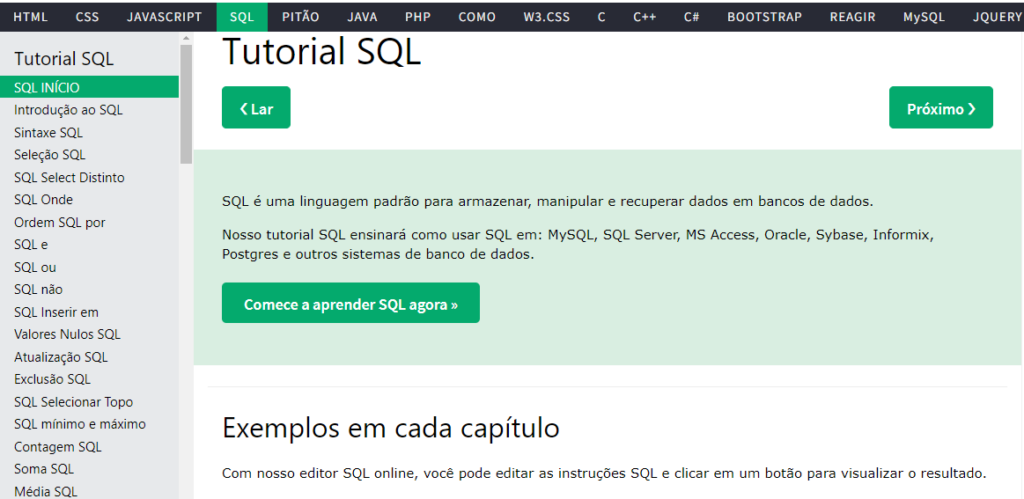 curso de Sql no w3schools