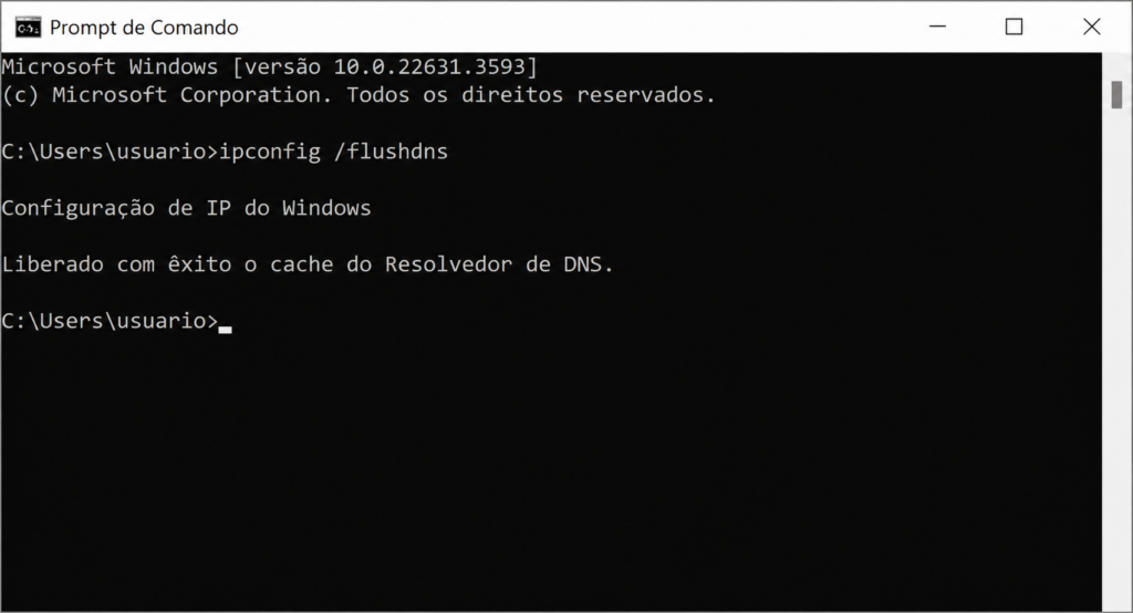 Comando ipconfig /flushdns limpando o cache DNS no Prompt de Comando