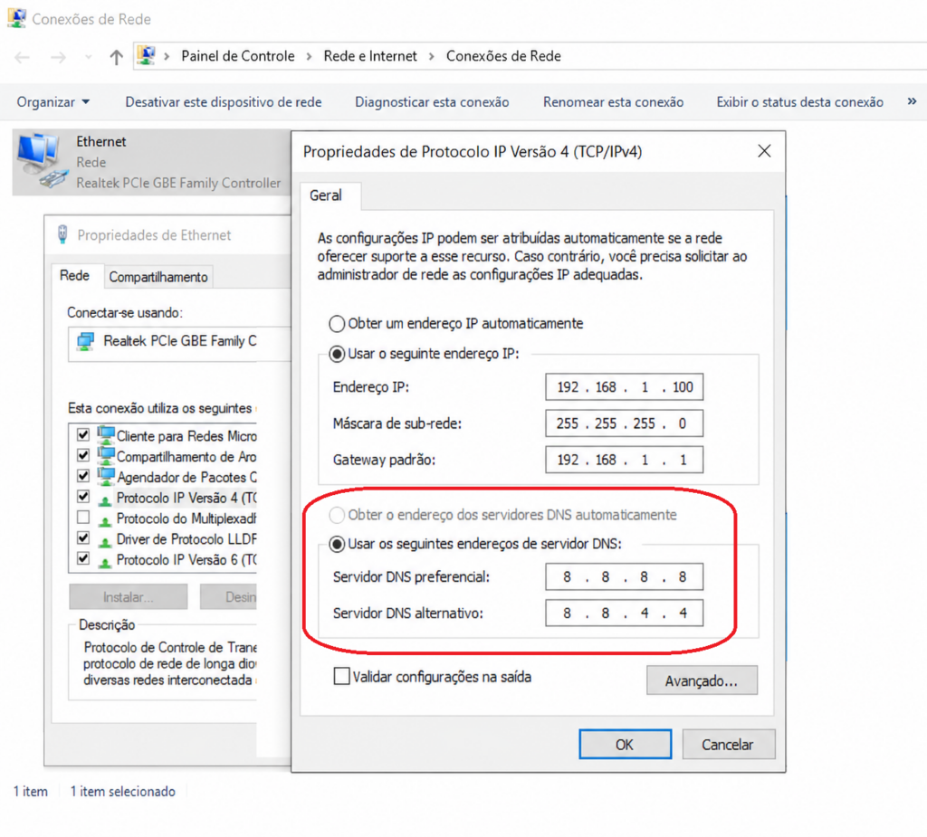 Trocar o DNS do Windoes para o DNS do Google