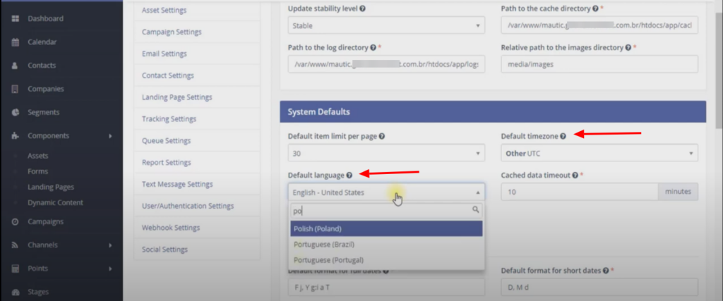 Configurando Mautic, passo 1_ linguagem e fuso horário.