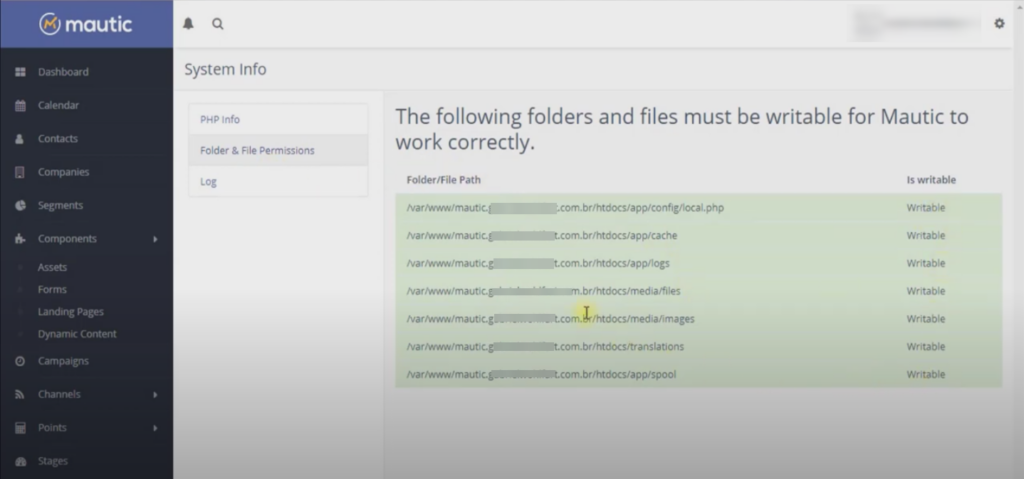 Configurando Mautic, passo 1: verifique as configurações e confirme se está tudo "gravável".