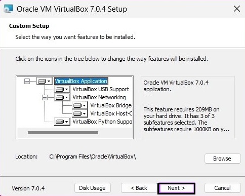 opções de instalação do pacote de extensão do virtualbox