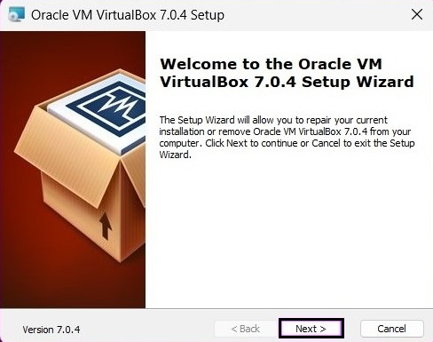 inicio da instalação do virtualbox