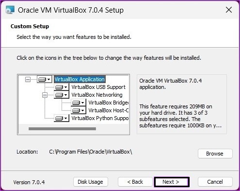 tela seguinte do virtualbox