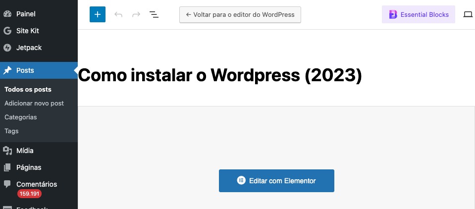 converter de elementor para editor de blocos no WordPress