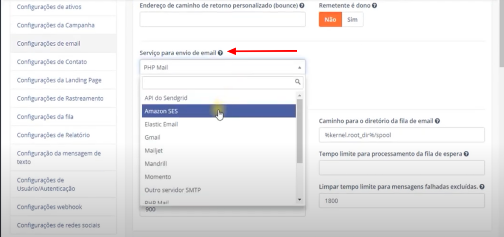 Configurando Mautic, etapa 4: selecionando serviços de e-mail