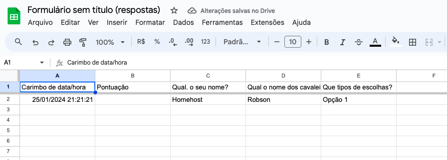 planilha excel com as respostas