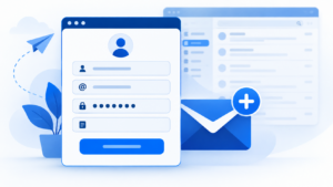 Ilustração de um formulário de cadastro de e-mail com campos de nome, endereço e senha, um envelope com sinal de mais, e ao fundo o contorno de uma caixa de entrada