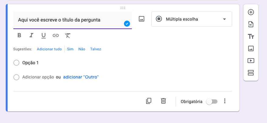 opcoes e perguntas do google forms